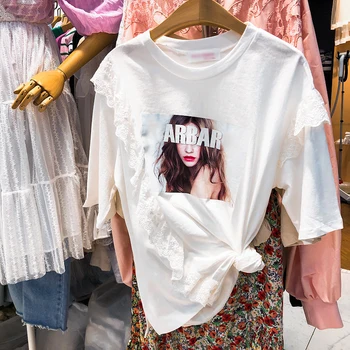 

2019 New Spring Summer All-match Loose Women Tops Lace Patchwork Printing Short Sleeve T-shirts O Neck Students Tshirts White