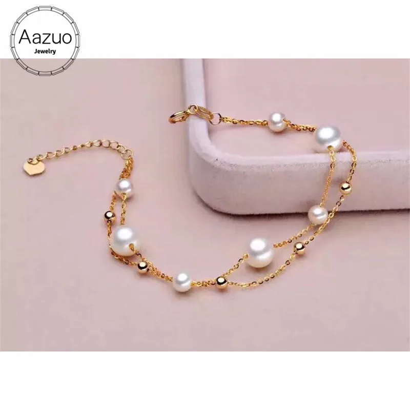 

Aazuo Natural Cultured Freshwater Pears 4.5-5 6-6.5mm Real 18K Yellow Gold Charm Bracelet Banglesgifted for Women Au750