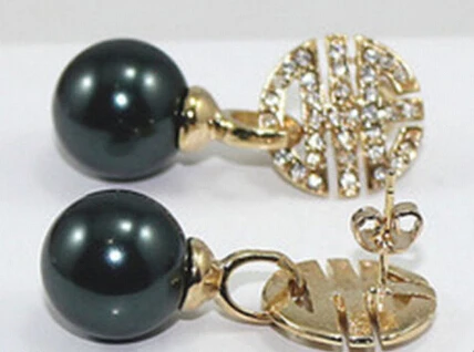 

wb003 12MM BLACK ROUND SEA SHELL PEAEL CRYSTAL 14K GP DANGLE EARRINGS