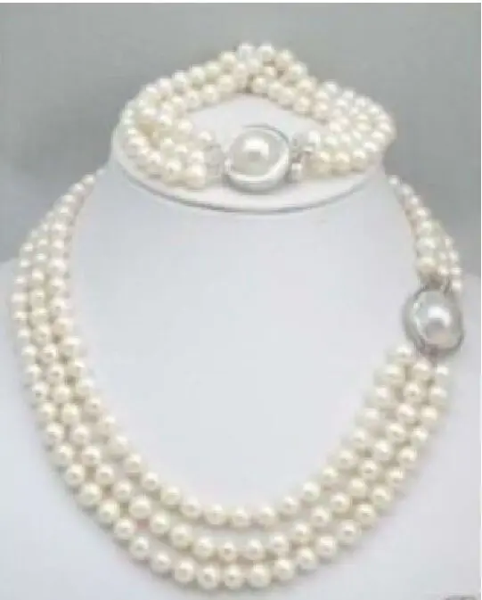 

free shipping>>> 3 ROW natural Akoya white Pearl Necklace 17'-19'' 7.5-8