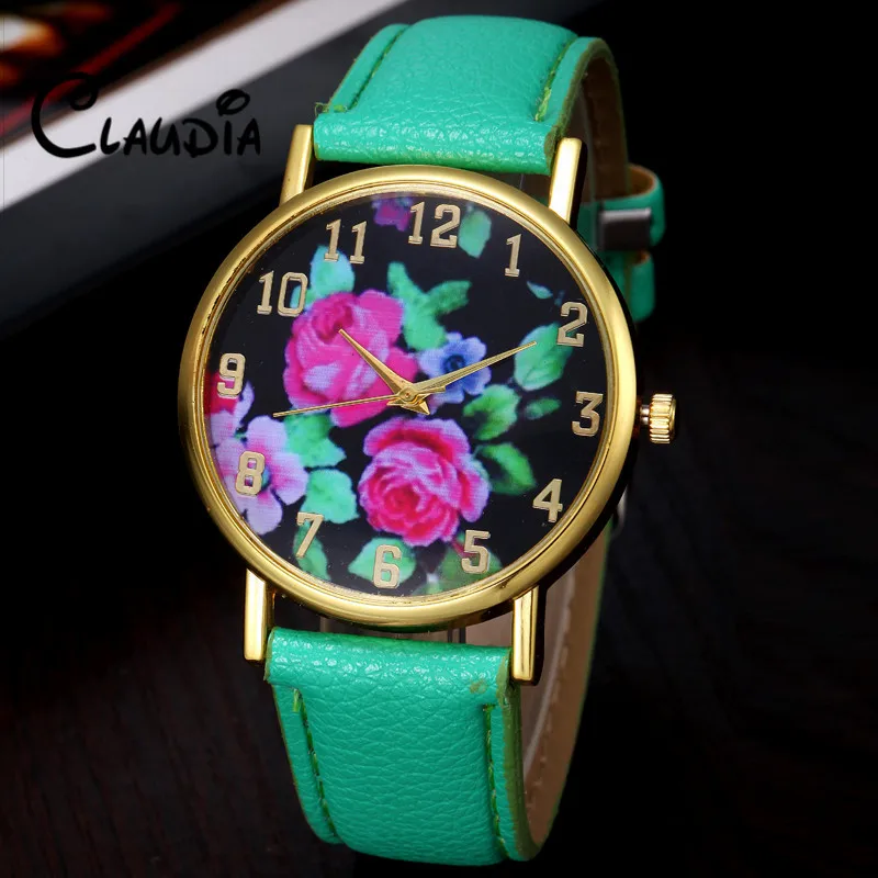 Newest Reloj Mujer CLAUDIA Fashion Vogue Women s Leather Rose Floral Printed Analog Quartz Wrist font