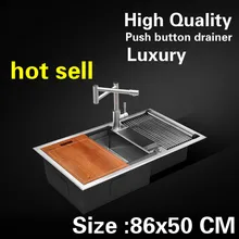 Квартира мыть овощи Кухня ручная раковина двойной паз Кнопка слив 304 нержавеющая сталь 860x500 мм