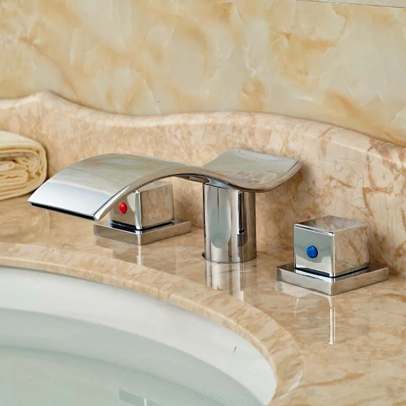 Modern Wave Shape Waterfall Bathroom Bath Tub Sink Faucet Deck Mount Dual Handles Basin Hot and Cold Mixer Taps