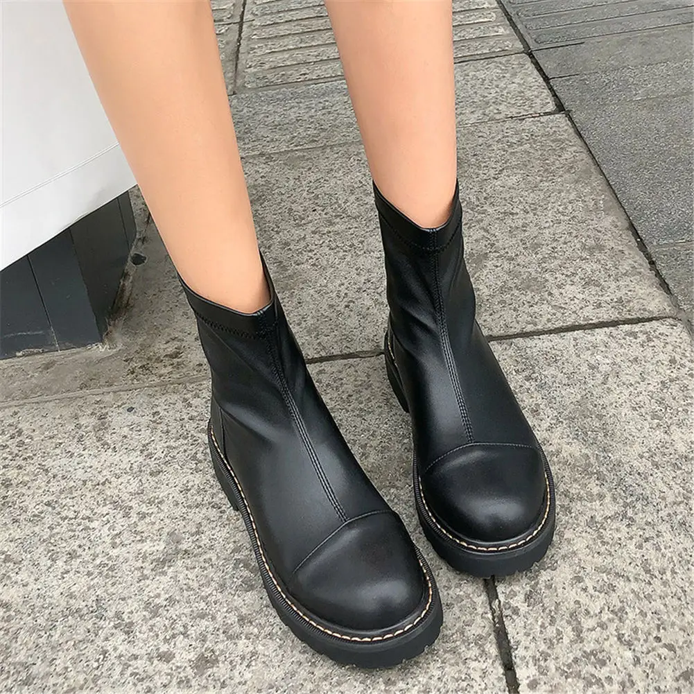 

Fashion Brand Design Top Quality Big Size 42 Genuine Leather Chunky Heels Slip On Boots Woman Shoes Women Casual Shoes Boots