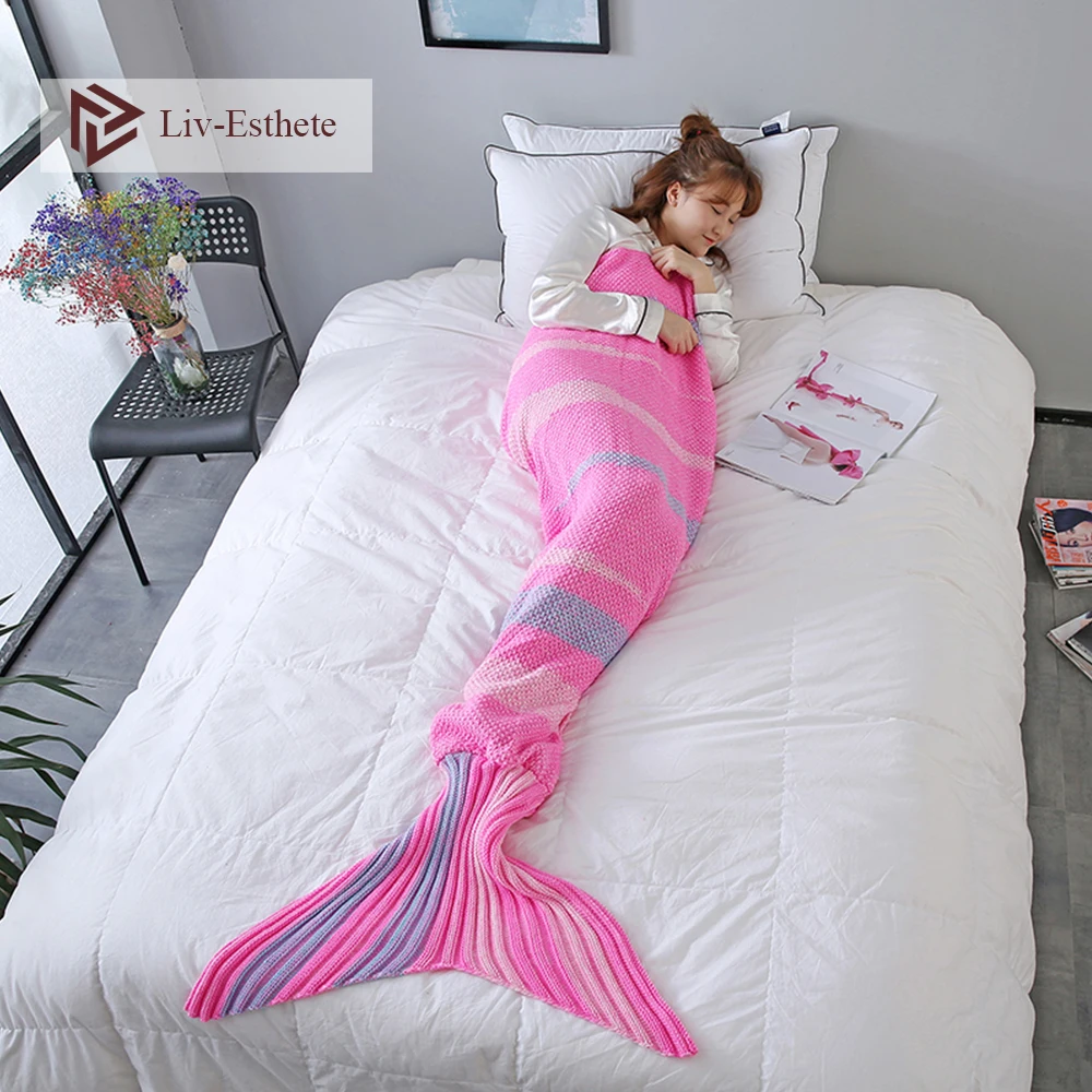 

Liv-Esthete Fashion Pink Throw Mermaid Tail Blanket For Adult Kids Child TV Sofa Bed Knitted Handmade Sleeping Bags Gift Blanket