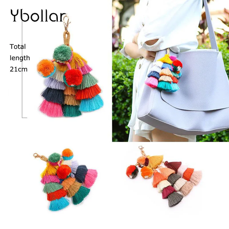 

1pc Colorful PomPons Key Chain Big Tassel Bohemian Bag Charms Car Keyring Women Layered Cotton Tassels Accessory Jewelry Gift