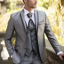 Серебристо-серые костюмы жениха две кнопки Slim Fit Мужские подходит для лацканов с надрезом жениха парадный смокинг костюмы(куртка+ брюки+ жилет+ галстук