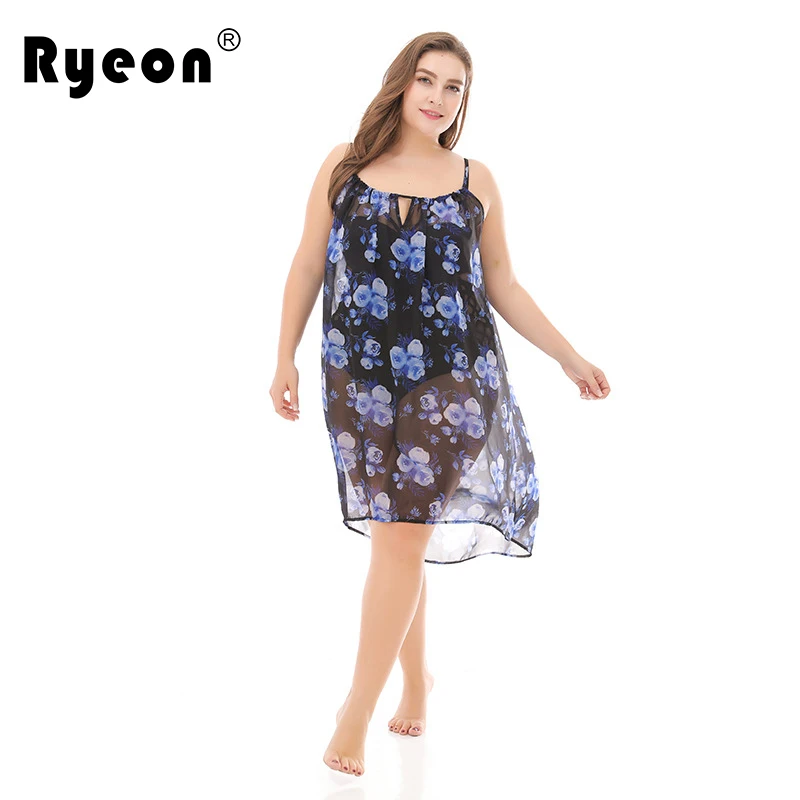 Ryeon Plus Size Sundress Summer Beach Bikini Cover Chiffon Floral Print Sexy Spaghetti Strap Elegant Party Women Dress 3xl | Женская