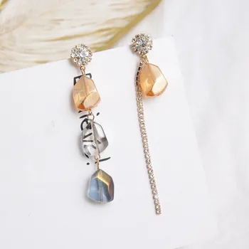 

New Colorful Crystal Stone Asymmetry Long Drop Earrings for Women Luxury Shiny Rhinestone Tassel Earring Jewelry Brincos 6B3016