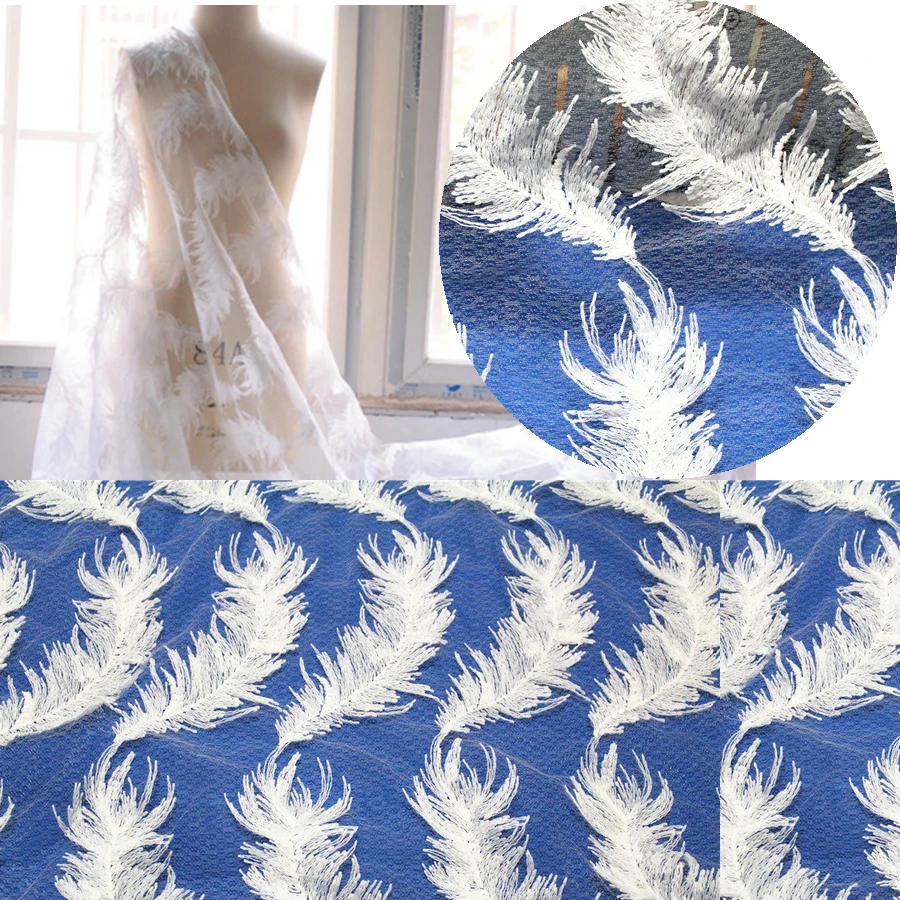 FREE Shipping white feather embroidery mesh Lace fabric in Fabric from