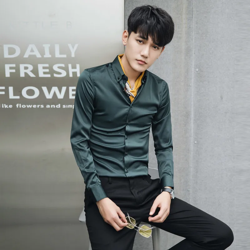 

2018new Business Casual Men's Long-sleeved Shirt Slim Fashion Gentleman Solid Color Shirt Bottoming Shirt Hair Stylist Nightclub