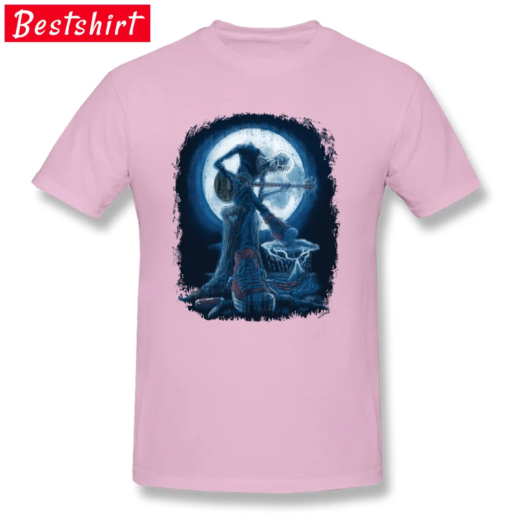 Custom Normal Tops Shirt for Men Hip Hop Mother Day Round Neck All Cotton Short Sleeve T-Shirt Summer Tee-Shirt Full Moon Shines On Old Guitarist Blues pink