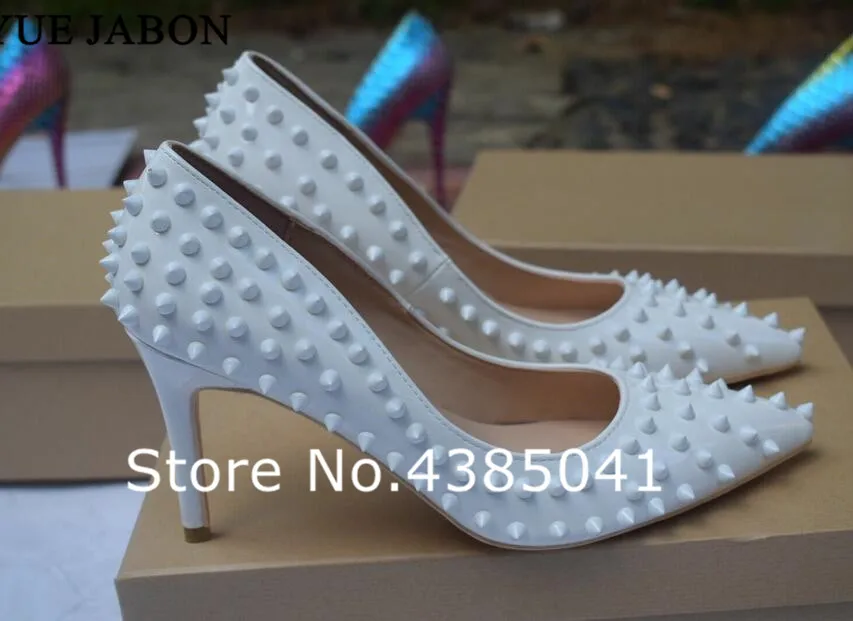 

Real Pictures Pointed Toe Thin High Heels Sexy White Rivets Spike Women Party Shoes Classical Studs Lady Party Wedding Shoes