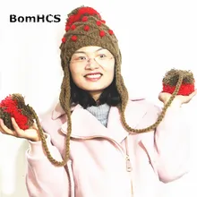 BomHCS Женская мода зима теплый толстый вязаный уха шапка с накладками ручной работы красный и коричневый мягкая шапочка с помпонами Кепки