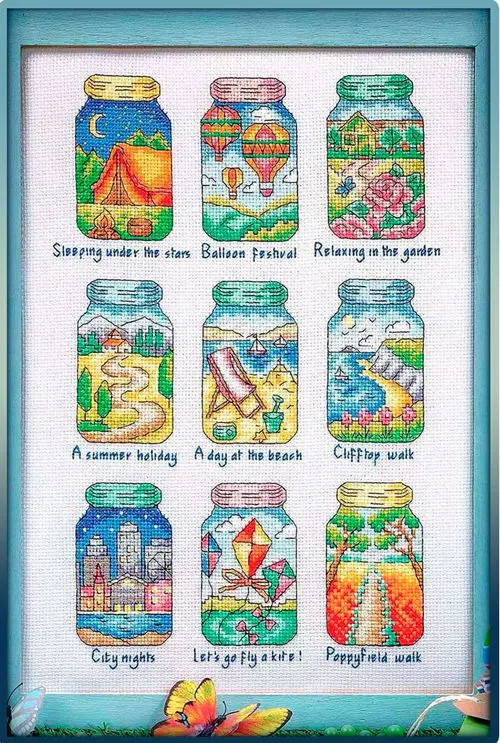 CS-2945 Cross Stitch Kit Nine Jars of View Jar Bottle Bottles Sleeping Ballon Relaxing Holiday Beach Walk City Kite Poppyfield