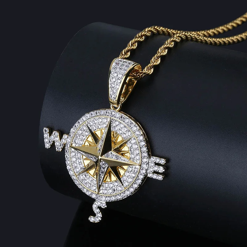Микро проложили AAA CZ камень кубического циркония компас ожерелья с подвесками для мужчин хип хоп Bling Ice Out рэппер ювелирные изделия золотые вечерние подарок
