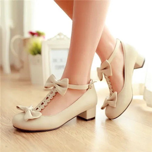 PXELENA/ Весенние Свадебные туфли в стиле «лолита»; женские туфли с бантом в стиле Мэри Джейн; туфли-лодочки на не сужающемся книзу массивном ботинки на среднем каблуке туфли-лодочки на T-образном ремешке обувь для девочек размера плюс европейский размер 35–43