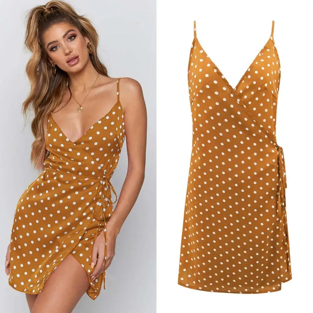 

Women Sexy Holiday Printed Sleeveless V Neck Dot Dress Beach Party Dress