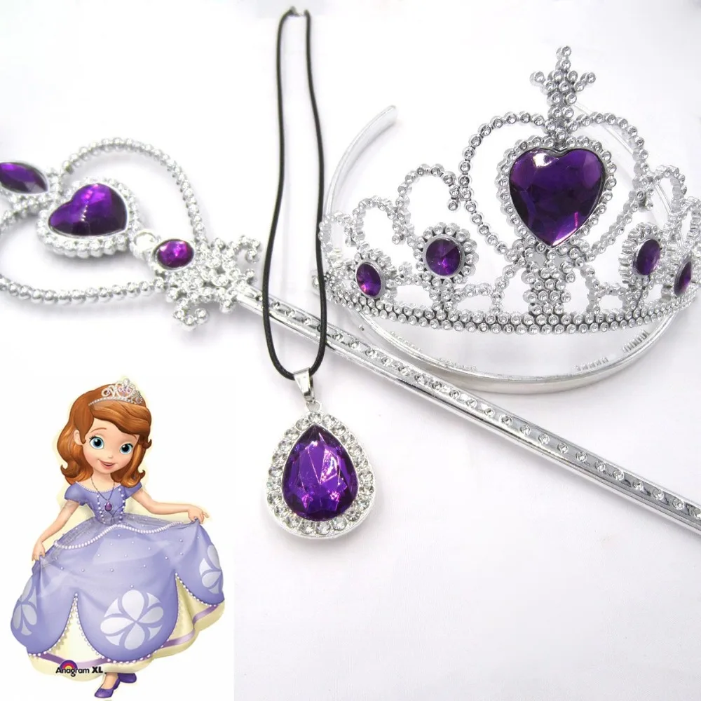 

3pcs/set NEW Baby Girls Presents Sofia The First Purple Teardrop Amulet Pendant PU Necklaces Tiara Crown Magic Wand Jewelry Set