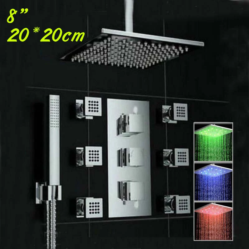 3 цвета, меняющаяся на потолок квадратная душевая головка, термостатический клапан, смеситель с массажными струями, душевой опрыскиватель - Цвет: 8 inches