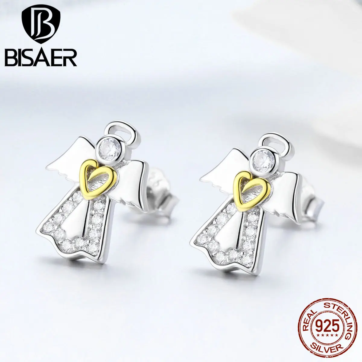 BISAER 925, серебряное кольцо, сердце, ангел-хранитель, висячие серьги для женщин, модное ювелирное изделие, золотой цвет, подарки на день Святого Валентина, GXE476