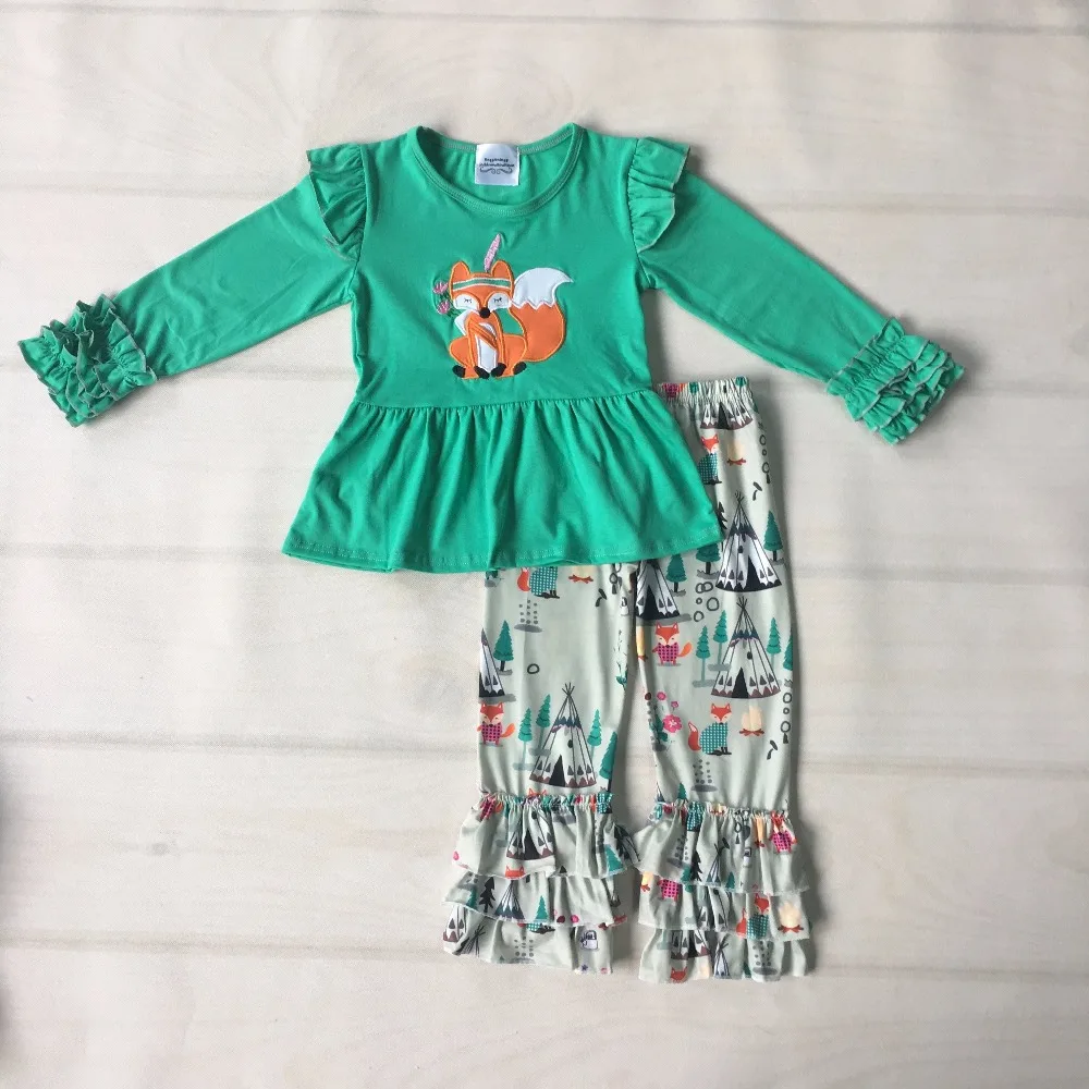 

Free Shipping CONICE NINI Brand New Coming Baby Girl Clothes Print Ruffle Pants Solid Fox Embroidery Top Kids Fashion F176