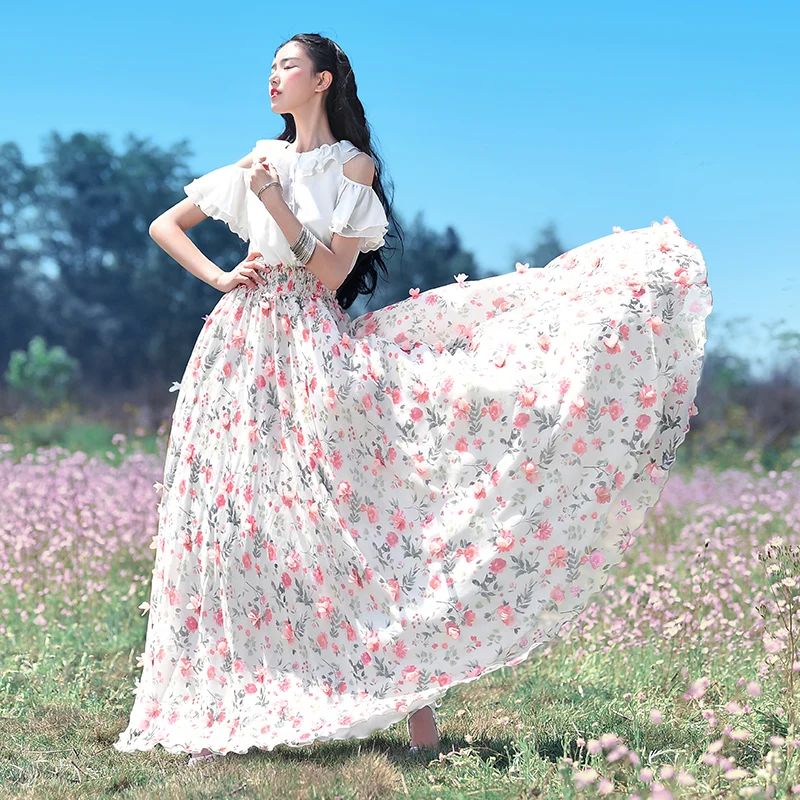 

Summer Dress 2019 Women Bohemian Floral Chiffon Maxi Dress Sweet Cute Ladies Casual Beach Pink Long vestidos verano robe longue