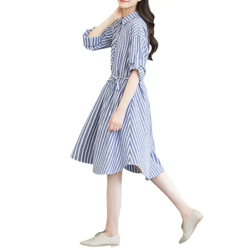 

Women Striped Half-sleeved Plus Size 3XL Shirt Dress Elegant Loose Button Blue Fashion Casual Dress Ladies Vestidos Clothing