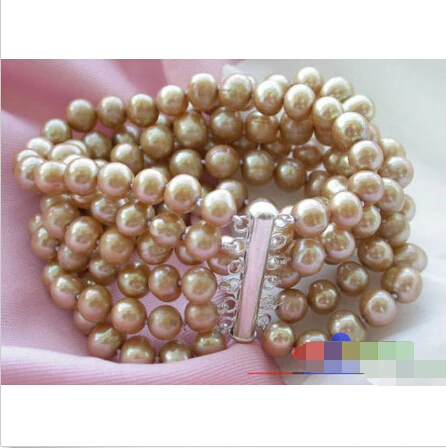 

6ROW 8MM champagne ROUND FRESHWATER CULTURED PEARL BRACELET @^Noble style Natural Fine jewe SHIPPING new >>free shipping