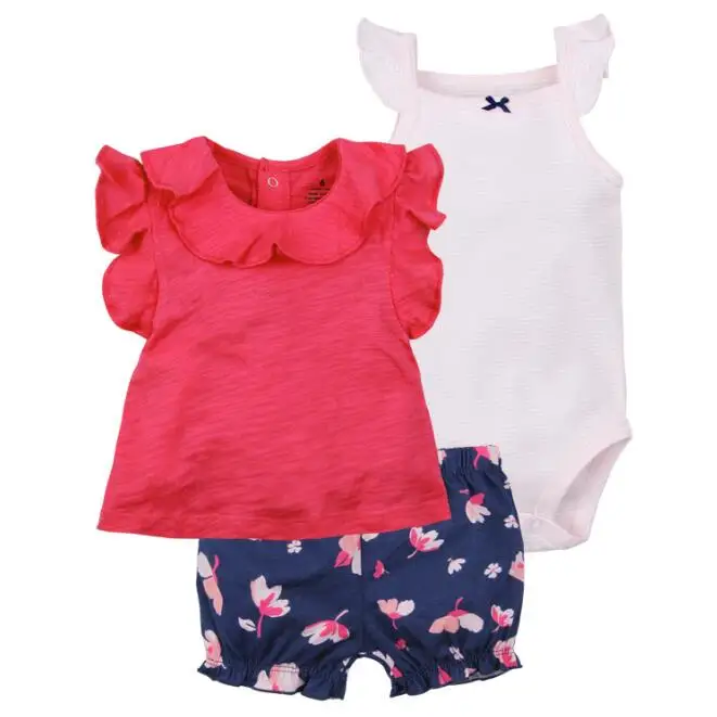 Летняя одежда для маленьких девочек одежда из хлопка для малышей боди+ шорты+ футболка комплект одежды для младенцев из 3 предметов - Цвет: rose