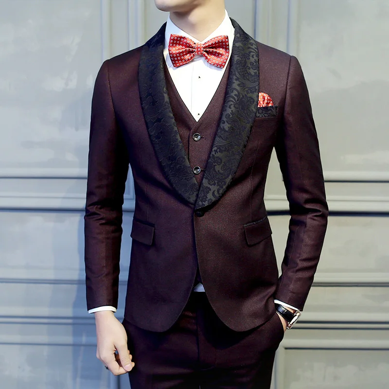 

Floral Shawl Collar Man Suit Slim Fit Burgundy Wedding Suit Men 2019 Elegant Banquet Prom Suits Luxury Jacket Pants Vest Q540