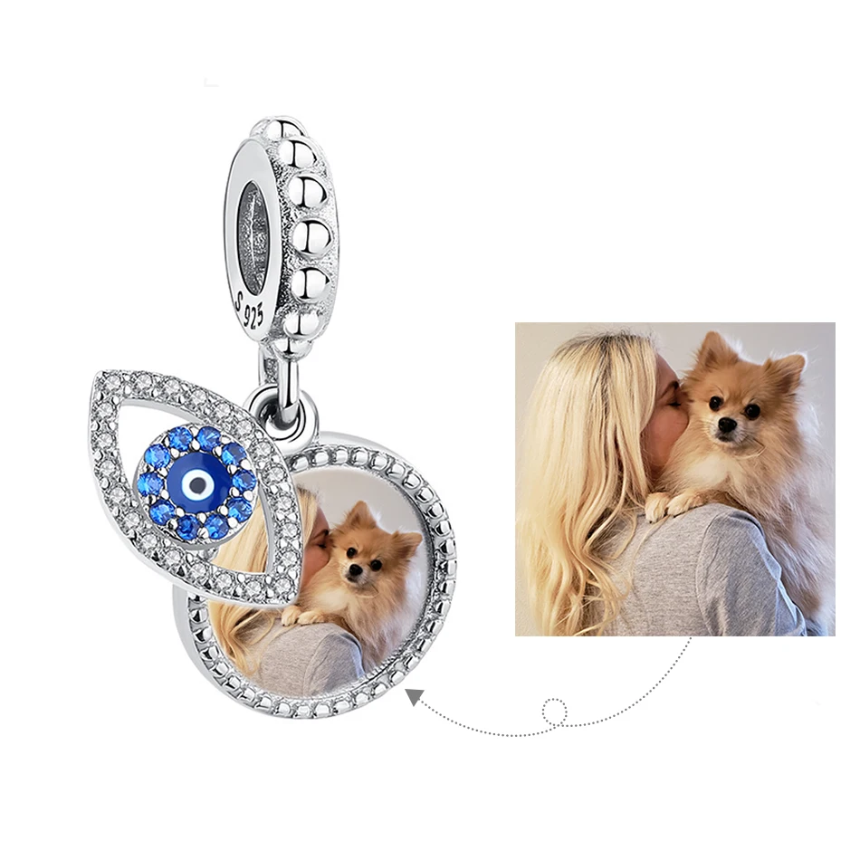 

Forewe 925 Sterling Silver Beads Blue Crystal Lucky Eye Dangle Round Charms Fit Bracelets DIY Personalized Photo Custom Jewelry