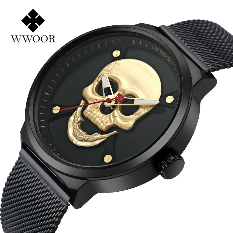 

WWOOR Skull Waterproof Quartz Watch Men Analog Mens Stainless Steel Mesh Watch Luxury Male Wristwatch Clock Relogio Masculino