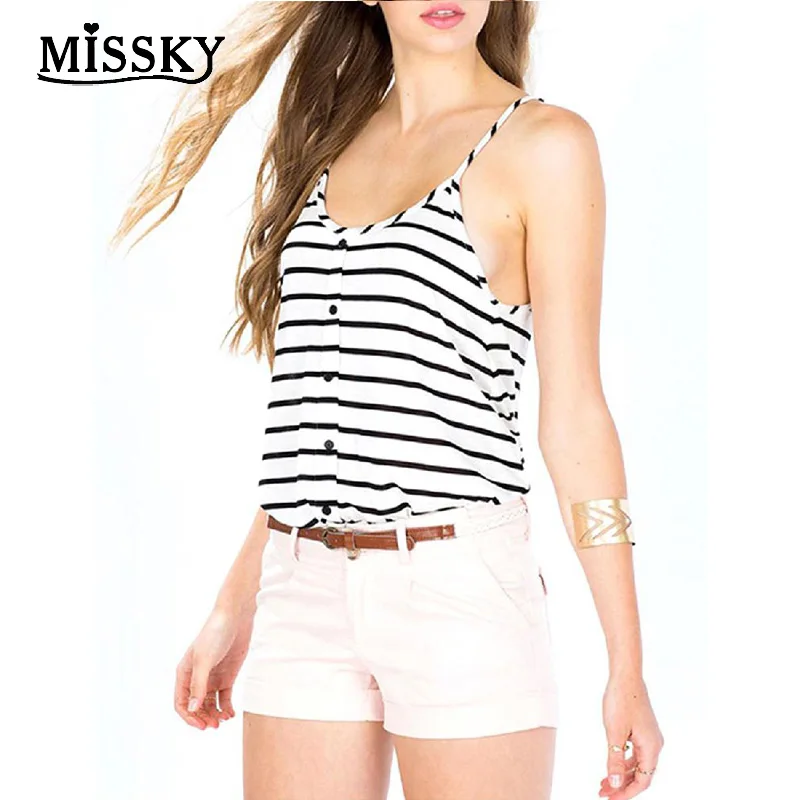 MISSKY Women Fashionable Black White Stripe Pattern Vest Shoulder Strap