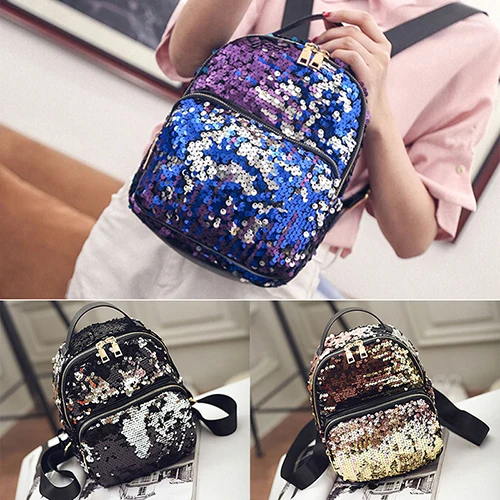 017 New Arrival Women All-match Bag PU Leather Sequins Backpack Girls Small Travel Princess Bling Backpacks 3 Colors