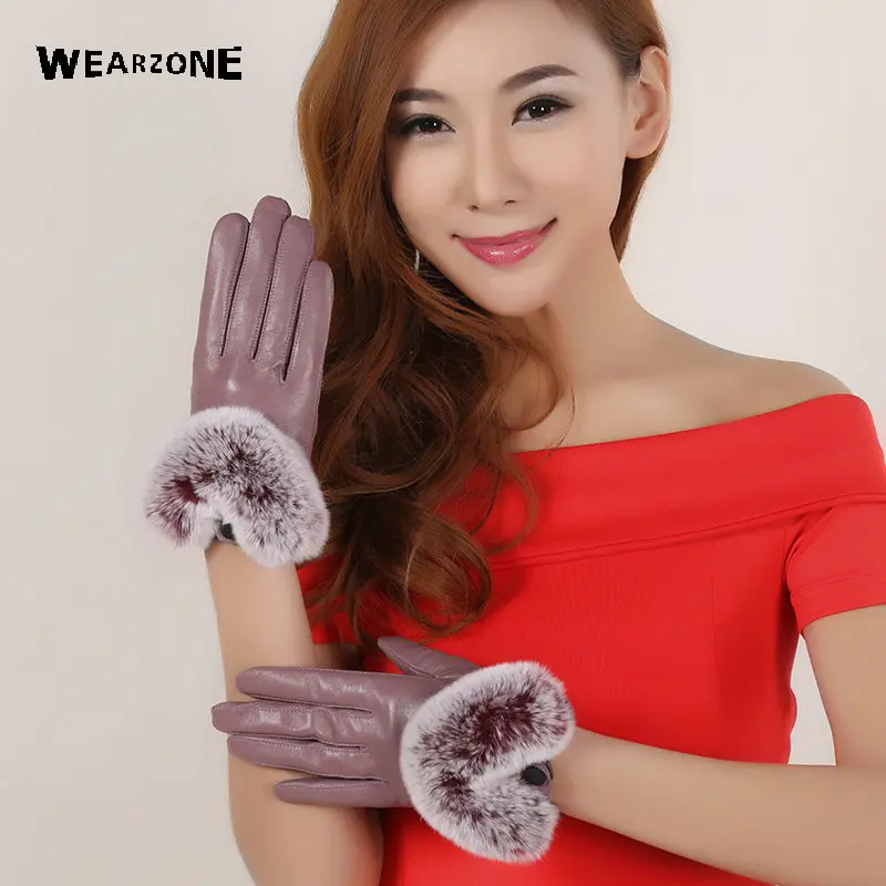 

Women Touch Screen Black Sheepskin Leather Gloves Winter Autumn Warm Rabbit Fur Mittens For lady Thickened Warm Elegant Gloves