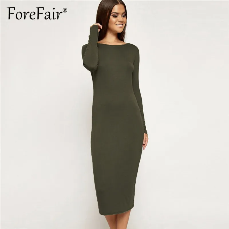 

Forefair New 2018 Autumn Winter Round Neck Long Sleeve Dress Women Clothes Solid Simple Slim Midi Bodycon Dress Vestidos Black