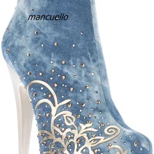 Великолепная аппликация Кристалл Украшенные Ботильоны деним Цвет шпилька Высокая платформа Сапоги и ботинки для девочек Изящные женские вечерние модельные туфли