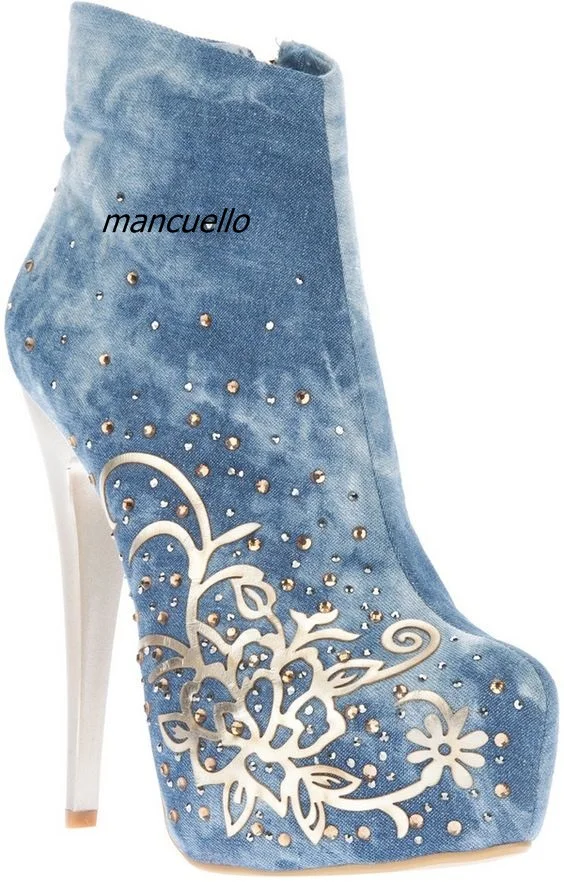 

Gorgeous Applique Crystal Decorated Ankle Boots Denim Color Spike Heel Platform Boots Delicate women Party Dress Shoes