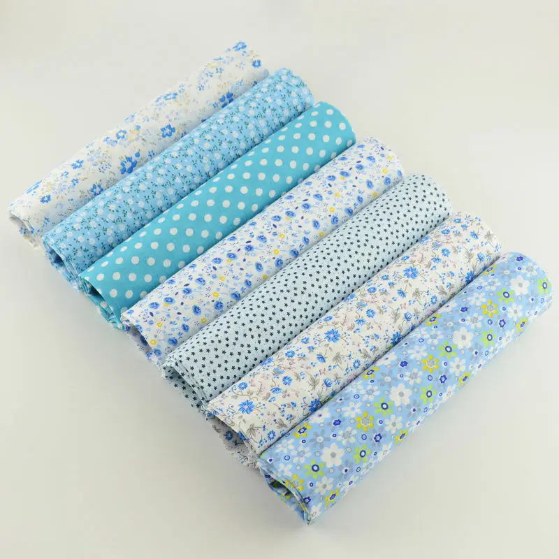 7pcs Mix Light Blue Print Lovely Flowers Abd Dots 100% Cotton Fabric Square Bundle Perfect Match Table Cloth DIY Dolls Handmade|100% cotton