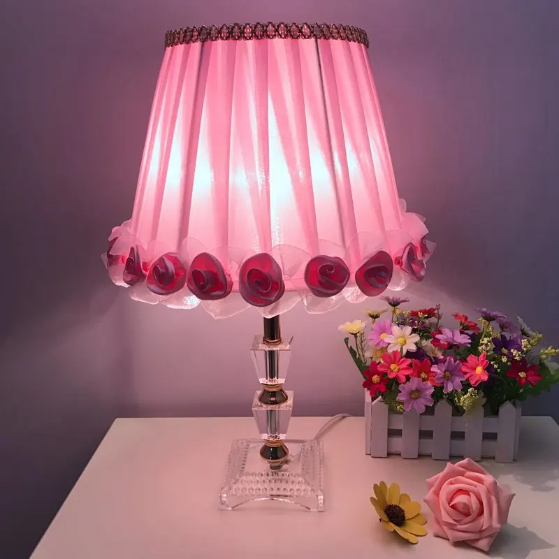 Modern Fabric Rose Bedroom Table Lamp Romantic Crystal Wedding Gift