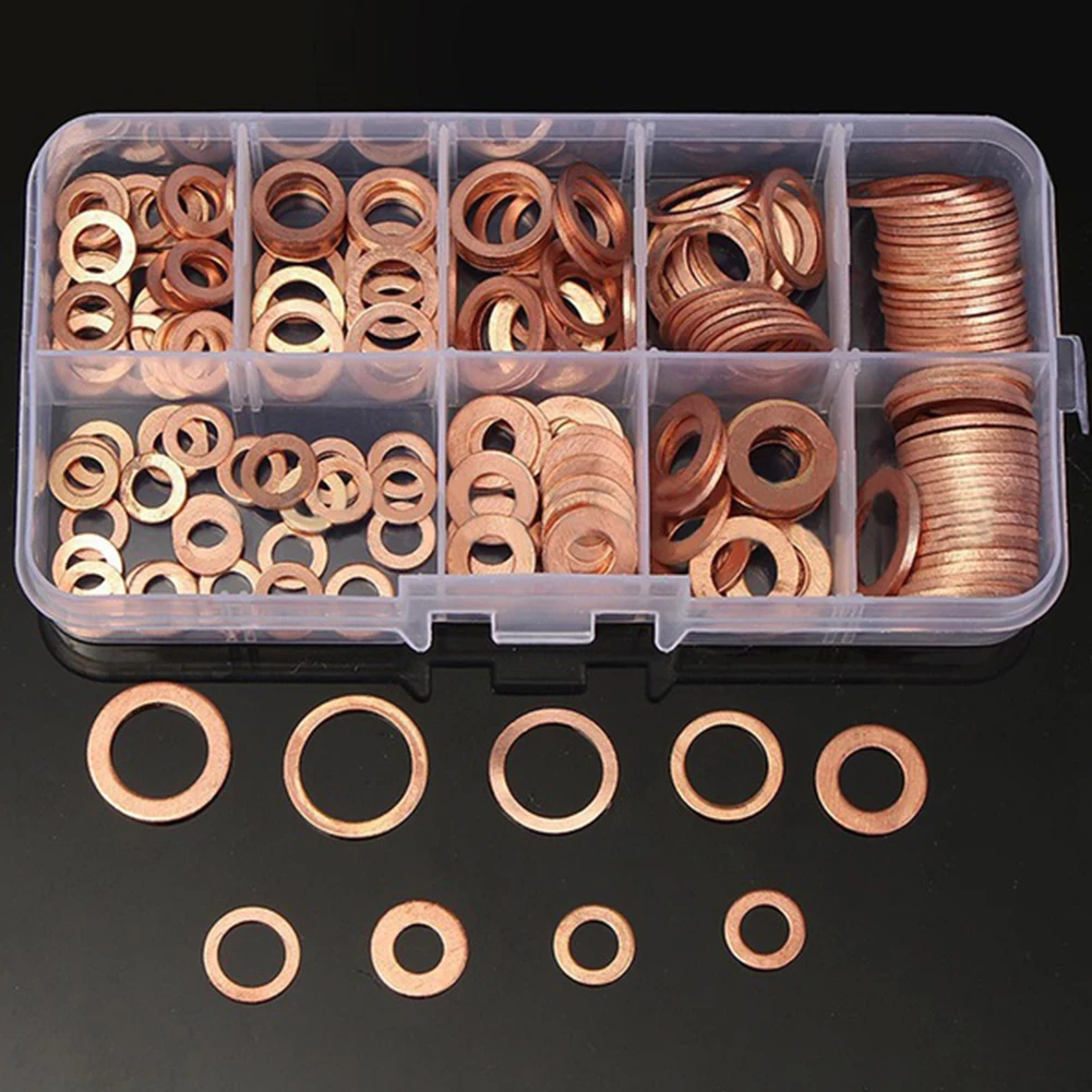 

200Pcs High Quality copper washer gasket nut and bolt set flat ring seal assortment kit with box M5-M14