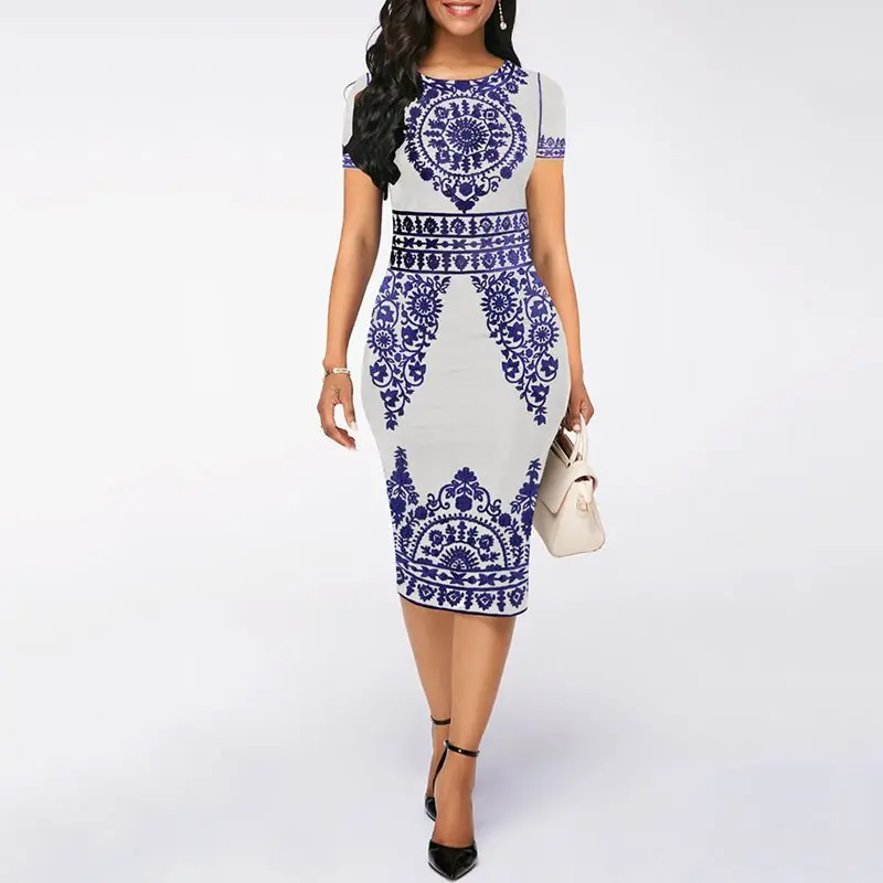 

Vintage Elegant Bodycon Dress Women Plus Size Fashion Floral Printed Summer Office Slim Ladies White Casual Retro Midi Dresses