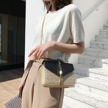 

JHD-Fringed Chain Small Flap Bag For Women Straw Crossbody Bags Ladies Summer Messenger Shoulder Handbags And Purses