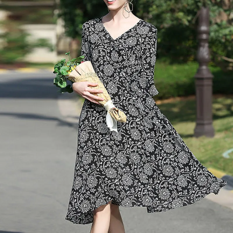 

2019 new women's summer silk dress black sexy elegant dresslarge size dress omighty summer dress