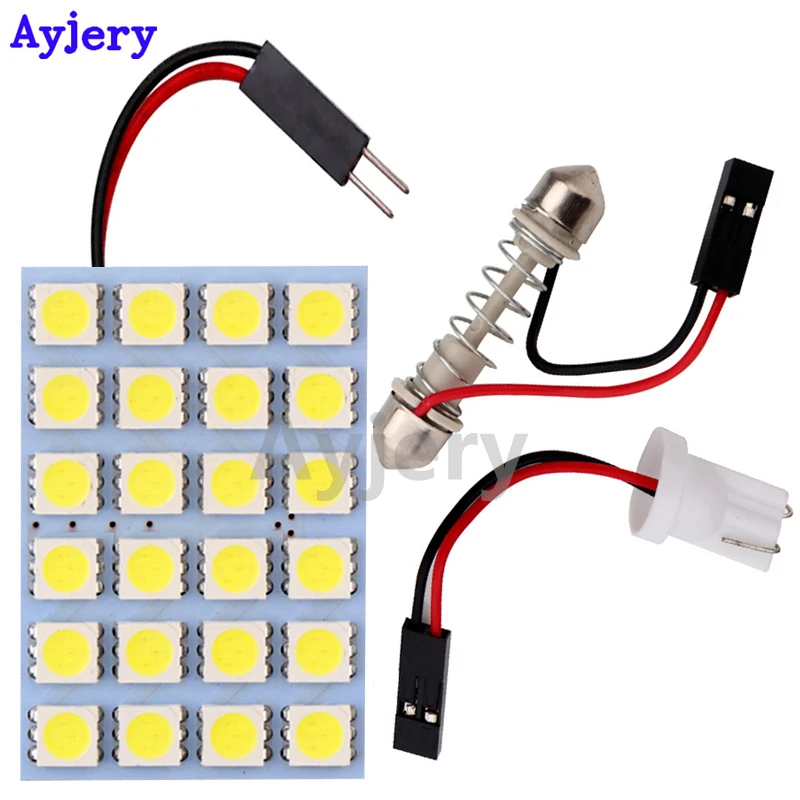 

AYJERY 100pcs Panel Light 5050 24 SMD LED Light Festoon Dome Bulb Lamp White Dome Light Bulb Adapters Festoon + T10 Adapters 12V