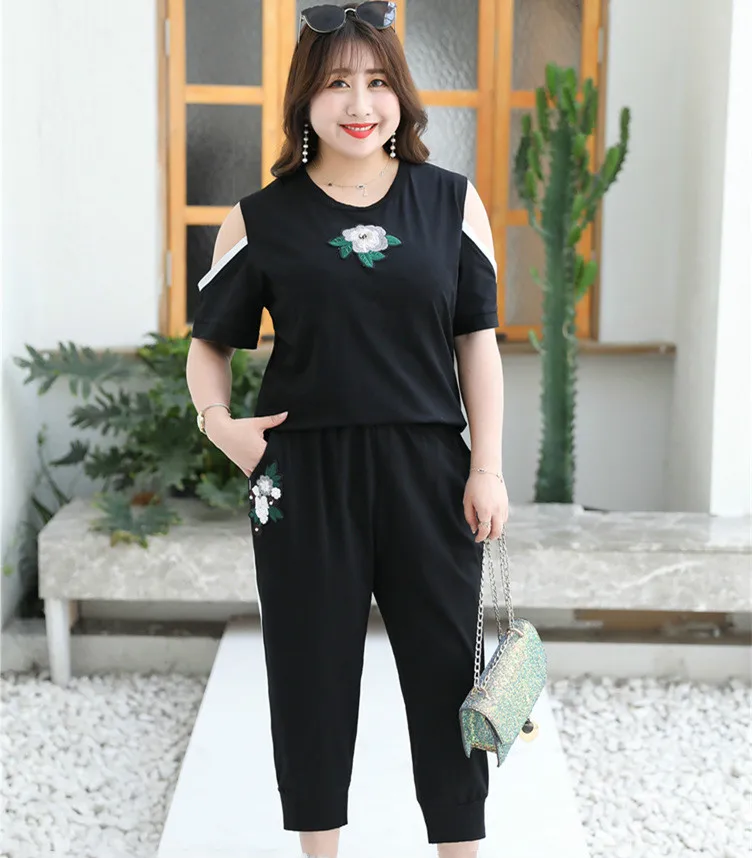 

4XL-8XL Plus size 2019 Women Summer 2 pieces Sets Casual Two Pieces Suits Black Top+Pants Ladies 6XL 7XL Large T-shirt Pants Set