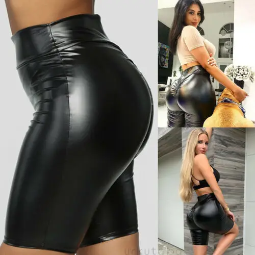 

2019 Women Sexy Leather Leggings Short Fashion Black Stretch High Waist PU Leather Sportwear Hot Pants S-L
