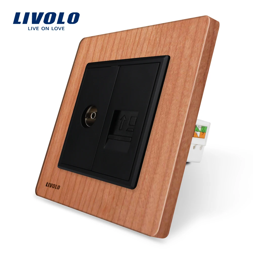 

Livolo Manufacture Cherry wood Panel, 2 Gangs Wall Computer and TV Socket / Outlet VL-C791VC-21, Without Plug adapter