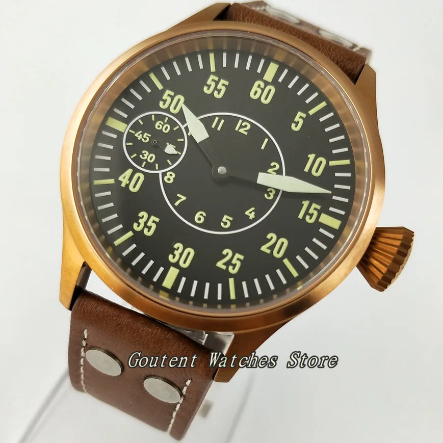 

43mm Corgeut Black Dial Bronze Case Sapphire Glass 6497 Hand Winding Men's Watch